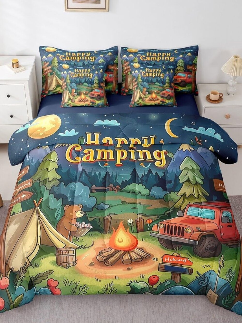 Kids Camping Twin Bedding Set with Sheets,RV Bunk Camper Comforter Set 7 Piece C